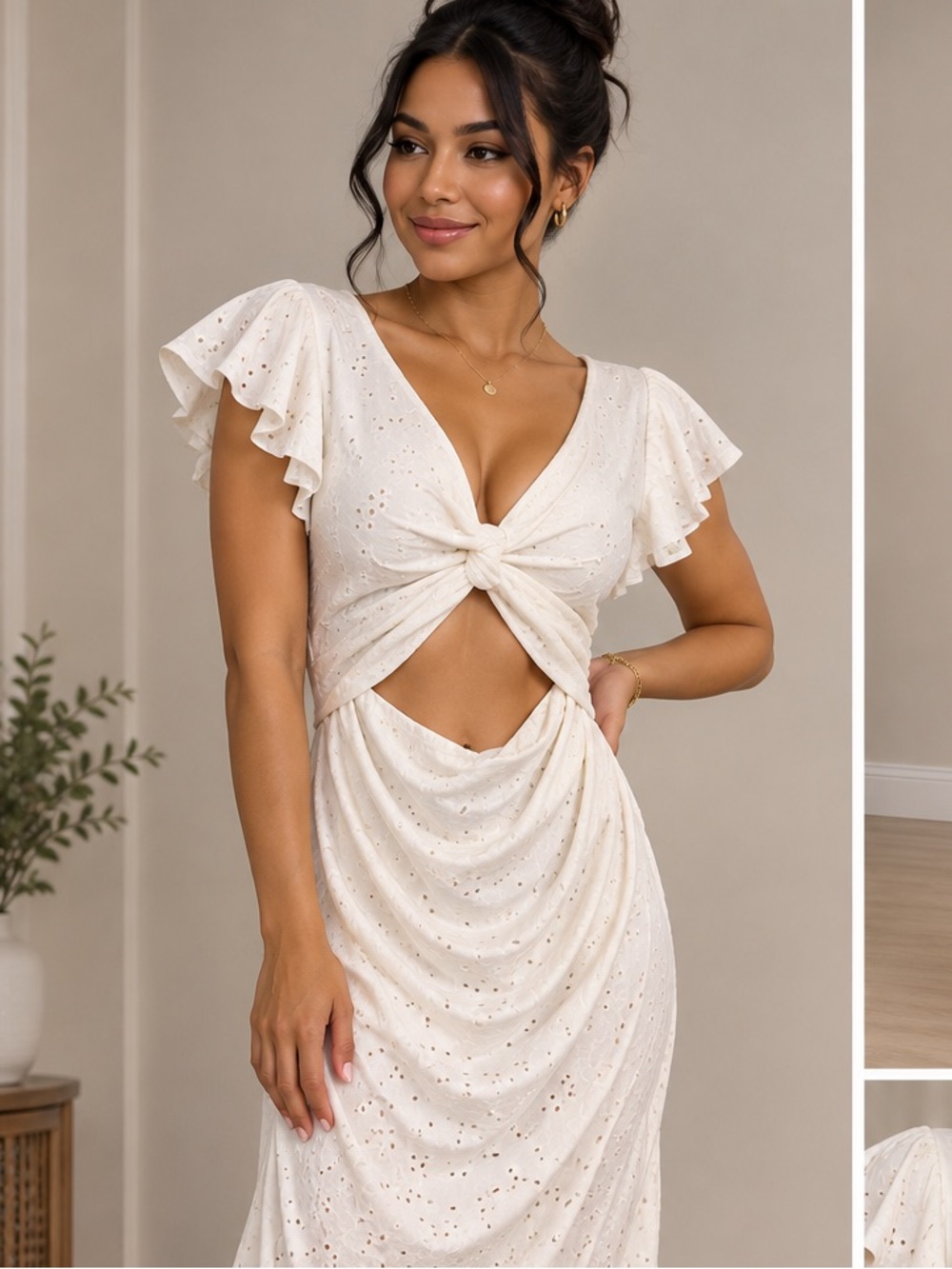 White Cutout Ruffle Sleeve Maxi Dress NWT